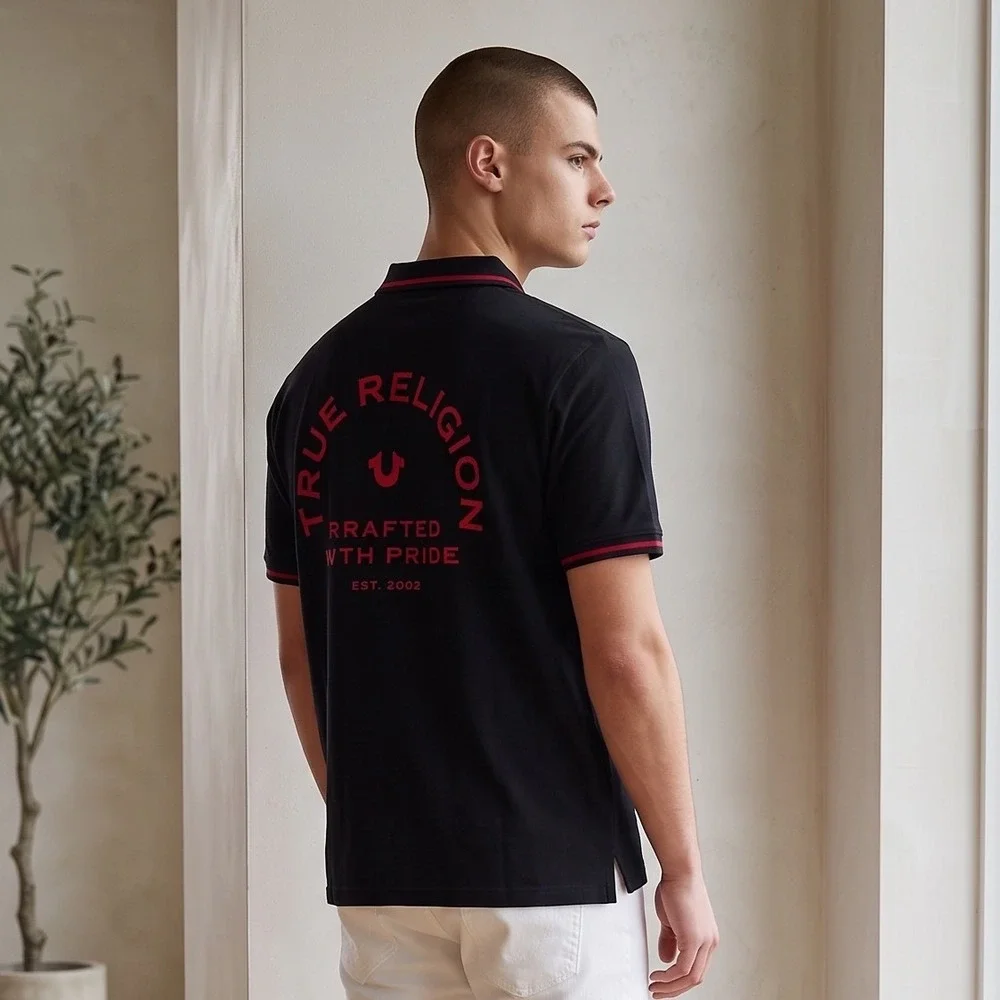True Religion Mens Black Red Graphic Logo Short Sleeve Polo Shirt XL